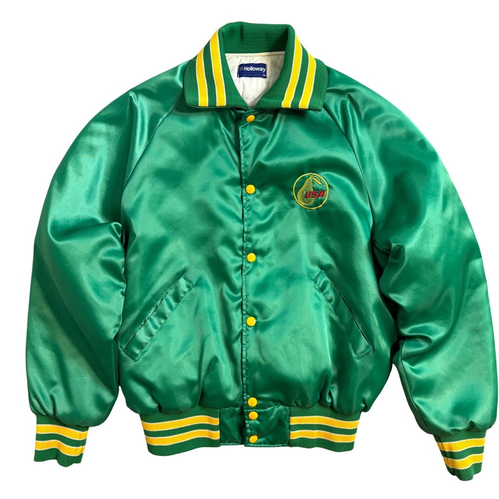 Vintage Holloway USA Satin Varsity Jacket Green Yellow Bomber Mens Medium
